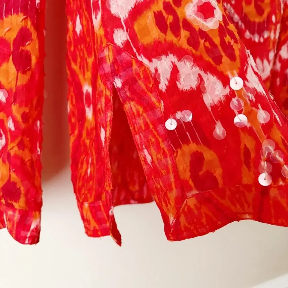 Tory Burch | Stephanie Tunic Top Sequin Embellished Ikat Red Orange Size 2